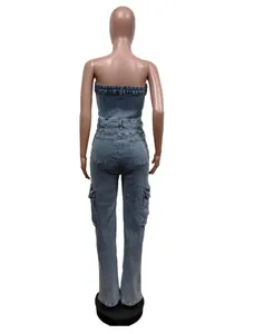 Back view of a strapless denim jumpsuit featuring cargo pockets and a fitted silhouette.