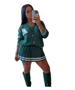 Stylish dark green knit cardigan and pleated mini skirt set for women