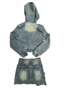 Two-piece washed denim set with hooded jacket and mini skirt in light blue