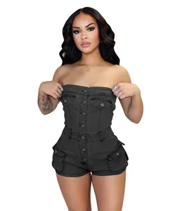 Close-up of a strapless dark denim romper with button-down front and cargo pockets.