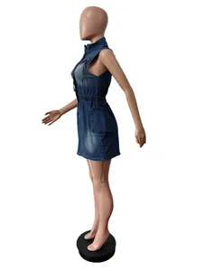 Detailed side view of a blue sleeveless denim vest dress featuring a drawstring waist and pockets