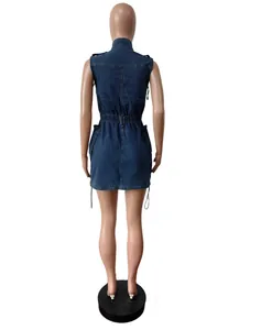 Back view of a sleeveless denim mini dress with drawstring waist and cargo pockets