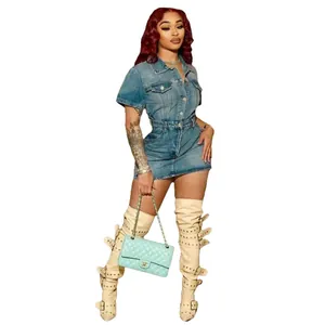 Fashionable slim fit short sleeve denim mini dress with turn-down collar and buttons