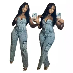 Women Strapless Denim Jumpsuit With Cross Embroidery And Cargo Pockets Retro High Stretch Washed Straight Long Pants Jumpsuit