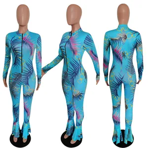 Three-angle view of tropical palm leaf print mermaid jumpsuit with front zipper detail