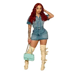 Close-up of a stylish light wash short-sleeved denim mini dress with slim fit design