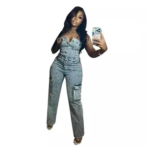 Sexy strapless denim cargo jumpsuit with embroidered cross patches for women