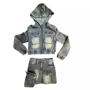 Vintage washed grey denim two-piece set with a hooded jacket and cargo mini skirt