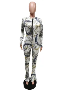 Front view of a slim-fit jumpsuit featuring baroque chain and leopard prints