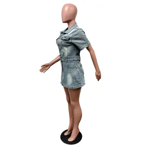 Side view of a stylish short-sleeved slim-fit light blue denim mini dress on mannequin