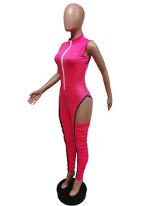 Sleeveless hot pink ruched jumpsuit with white front zipper and sexy thigh cut-outs