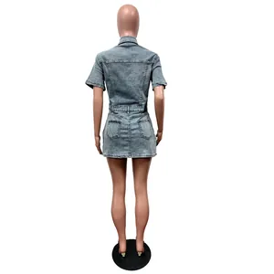 Back view of a fashion slim fit blue denim short sleeve mini dress with pockets