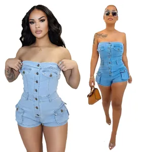 Detailed close-up and full body view of a light blue strapless stretch denim romper