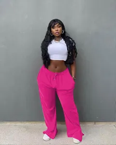 Vibrant pink plus size wide leg casual trousers with side slits for women