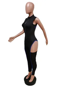 Side view detail of black sleeveless bodysuit with blue piping and leg cutouts