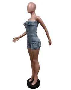 Detailed side view of strapless stretch denim romper with cargo pockets on mannequin