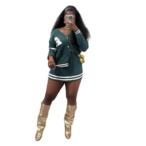 Dark green varsity style cardigan and pleated mini skirt knit two-piece set for women