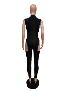 Detailed rear view of a black slim-fit bodysuit featuring blue piping and ruched leg accents