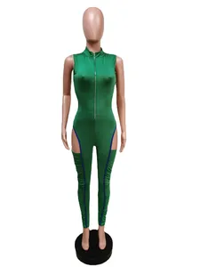 Slim fit green sleeveless jumpsuit with front zipper and stylish side cutouts for women
