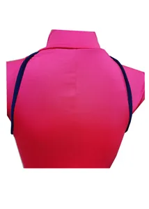 Detail shot showing the back of a magenta bodysuit with navy blue racerback trim