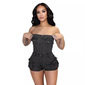 Elegant slim fit strapless denim romper with button-up front and stylish cargo pockets