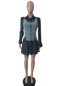 Front view of two-piece set featuring black bell sleeve shirt dress and denim vest