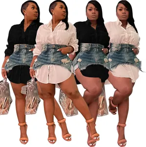 Modisches Denim-Kombinationskleid-Set mit Langarm-Hemdbluse und Minirock für Damen.