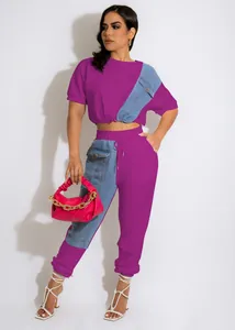 Stylish purple and denim patchwork two-piece casual sports set for women's daily wear.