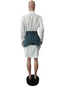 Rückansicht eines modischen zweiteiligen Damen-Kleidersets mit Jeans-Kombination