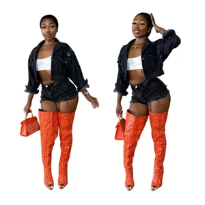 Women Black Denim Cotton Top And Bottom Washed Slim Fit Long Sleeve Jacket And Raw Hem Shorts Streetwear Suit