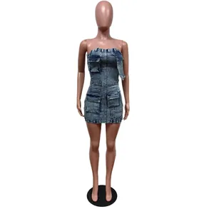 Front view of denim strapless mini dress with multiple 3D cargo pockets on a mannequin