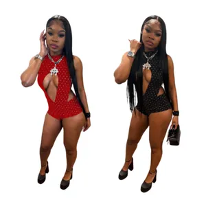 Sexy black and red halter neck rompers with rhinestone studs and front cutout design.