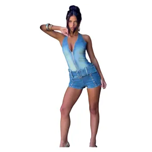 Pagliaccetto in denim all'americana con cintura e chiusura lampo sul davanti