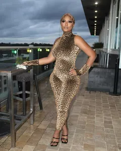 Sleeveless leopard print jumpsuit with matching fingerless gloves for women outdoors