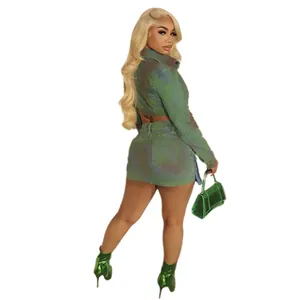 Trendy green spray-paint denim cropped jacket and mini skirt set, back view