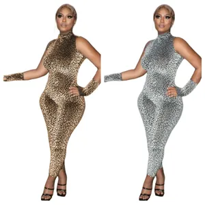 Leopard Print Sleeveless Halter Jumpsuit With Gloves Backless Lace Up Slim Fit Sexy Jumpsuit For Women Party Streetwear
