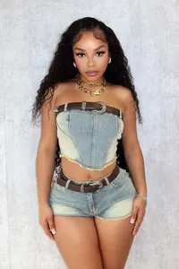 Vintage washed denim two-piece set with a strapless tube top and matching mini shorts