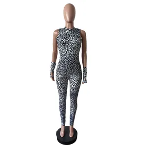 High-neck leopard print sleeveless bodysuit with matching gloves shown on a mannequin stand