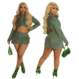 Front and back view of a trendy green spray-painted two-piece denim jacket and skirt set.