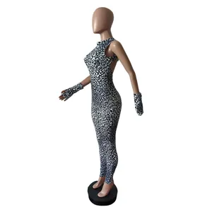 Detailed view showing the side profile of a sleeveless leopard print bodycon jumpsuit.