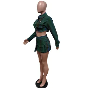 Side profile view of fashion green spray paint stretch denim jacket and mini skirt set