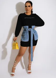Chic black long-sleeve dress with denim corset waist and letter embroidery detail