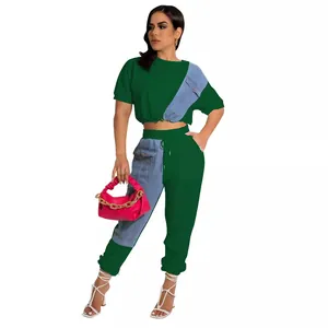 Two-piece green and denim patchwork tracksuit set for women in street style