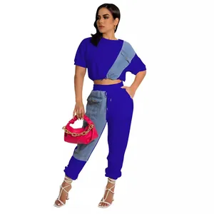Women's blue and denim patchwork two-piece casual sport suit with crop top and joggers