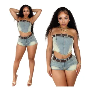 Damen Vintage Gewaschenes Denim Tube Top Und Shorts Set Zweiteiliges Distressed Streetwear Sexy Outfit Mit Gürteln Blau