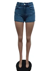Damen Denim-Shorts mit hoher Taille und V-förmiger Naht in Dunkelblau, schmal geschnitten.