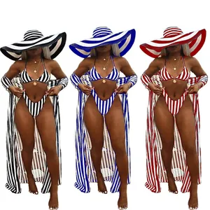 Three-piece striped bikini set with matching long cover-up and sun hat in three colors