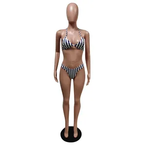 Blue and white striped two-piece bikini set displayed on a professional mannequin