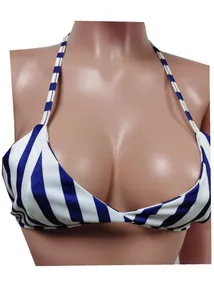 Detail view of a blue and white vertical striped bikini top on a mannequin bust.