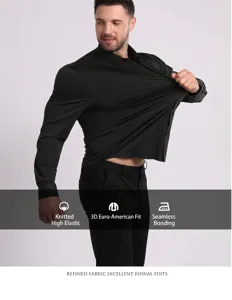 Close-up of men's black high-stretch shirt demonstrating fabric elasticity and seamless design.